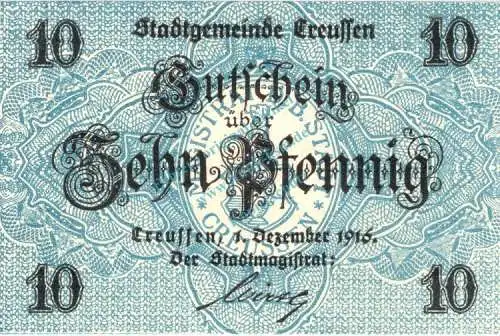 Creussen , Notgeld 10 Pfennig Schein unc-kfr. Ti.1225.05.25 , Bayern 1916 Verkehrsausgabe