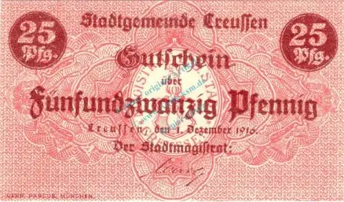 Creussen , Notgeld 25 Pfennig Schein unc-kfr. Ti.1225.05.26 , Bayern 1916 Verkehrsausgabe