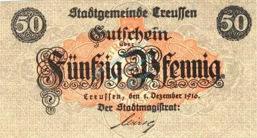 Creussen , Notgeld 50 Pfennig Schein unc-kfr. Ti.1225.05.27 , Bayern 1916 Verkehrsausgabe