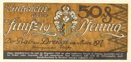 Dresden , Notgeld 50 Pfennig Schein unc-kfr. Ti.1475.255.05 , Sachsen 1917 Verkehrsausgabe