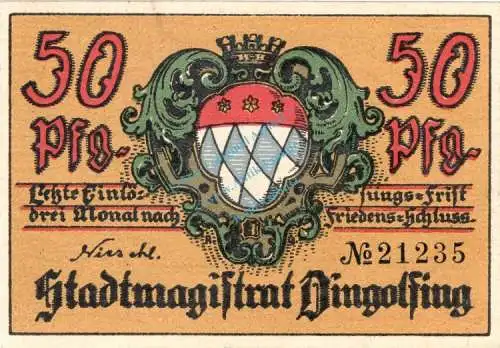 Dingolfing , Notgeld 50 Pfennig Schein unc-kfr. Ti.1385.05.05-10 , Bayern o.D. Verkehrsausgabe