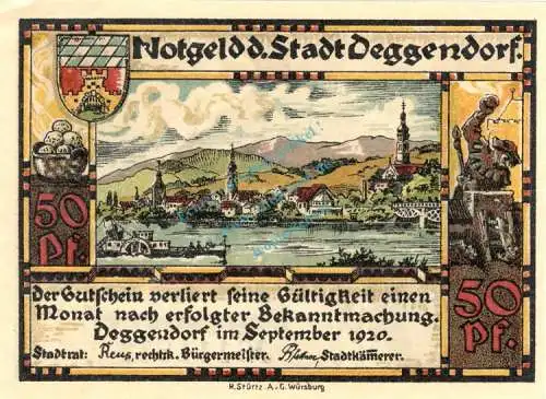 Deggendorf , Notgeld 50 Pfennig Schein unc-kfr. Ti.1315.25.26 , Bayern 1920 Verkehrsausgabe