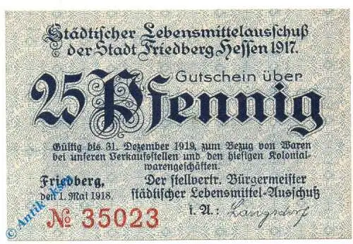 Notgeld Friedberg , 25 Pfennig Schein , Langsdorf , Tieste 1995.10.15 , von 1918 , Hessen Verkehrsausgabe