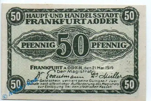 Notgeld Frankfurt Oder , 50 Pfennig Schein in kfr. Tieste 1935.05.05 , von 1917 , Brandenburg Verkehrsausgabe