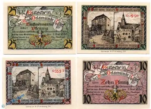 Notgeld Orlamünde , Set mit 4 Scheinen in kfr. Tieste 5415.05.05-08 , von 1920 , Sachsen Verkehrsausgabe