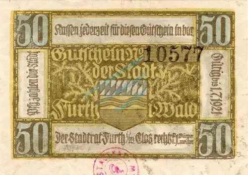 Fürth i.W. Notgeld 50 Pfennig Schein unc-kfr. Ti.2095.05.11 , Bayern 1920 Verkehrsausgabe