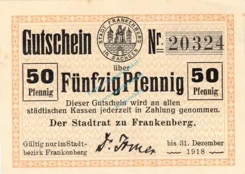 Frankenberg , Notgeld 50 Pfennig Schein unc-kfr. Ti.1915.10.01 , Sachsen o.D. Verkehrsausgabe