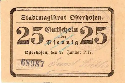 Osterhofen , Notgeld 25 Pfennig Schein unc-kfr. Ti.5445.05.165 , Bayern 1917 Verkehrsausgabe