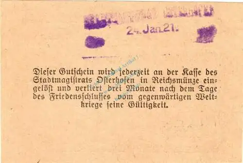 Osterhofen , Notgeld 25 Pfennig Schein unc-kfr. Ti.5445.05.165 , Bayern 1917 Verkehrsausgabe