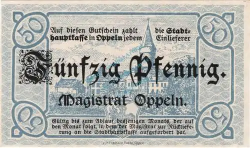 Oppeln , Notgeld 50 Pfennig Schein unc-kfr. Ti.5400.10.10 Schlesien o.D. Verkehrsausgabe