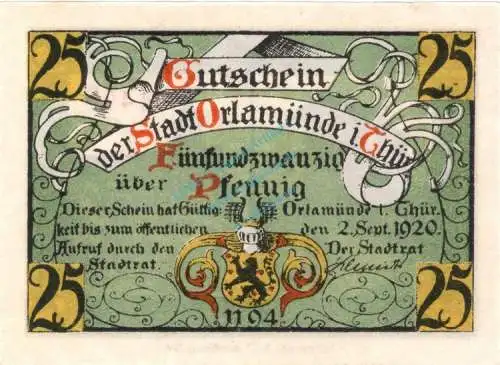 Orlamünde , Notgeld 25 Pfennig Schein unc-kfr. Ti.5415.05.07 , Thüringen 1920 Verkehrsausgabe