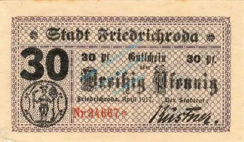 Friedrichroda , Notgeld 30 Pfennig Schein unc-kfr. Ti.2030.10.15 , Sachsen 1917 Verkehrsausgabe