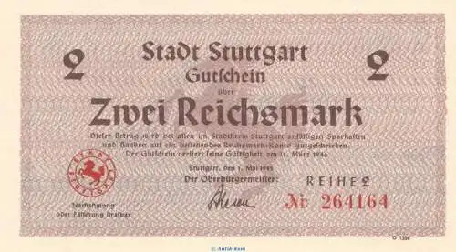 Notgeld Stadt Stuttgart , 2 Reichsmark Schein in kfr. von 1945 , Württemberg Notgeld 1945-48