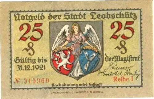 Leobschütz , Notgeld 25 Pfennig Schein unc-kfr. Ti.4020.05.17 , Schlesien o.D. Verkehrsausgabe