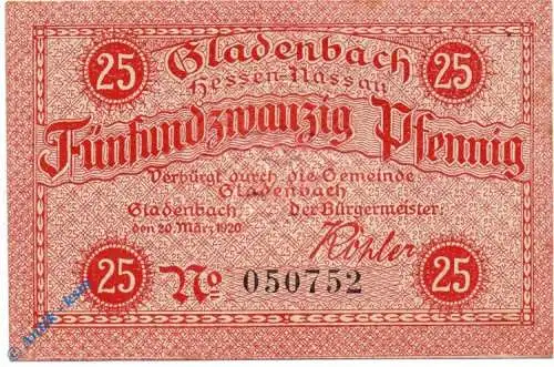 Notgeld Gladenbach , 25 Pfennig Schein , Tieste 2245.05.01 , von 1920 , Hessen Verkehrsausgabe