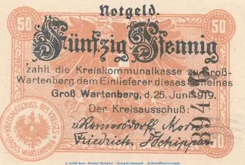 Notgeld Kreis Gross Wartenberg , 50 Pfennig Schein in kfr. Tieste 2615.05.05 von 1919 , Schlesien Verkehrsausgabe