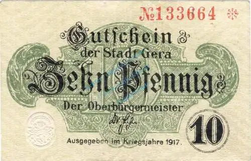 Gera , Notgeld 10 Pfennig Schein unc-kfr. Ti.2180.20.02 , Thüringen 1917 Verkehrsausgabe