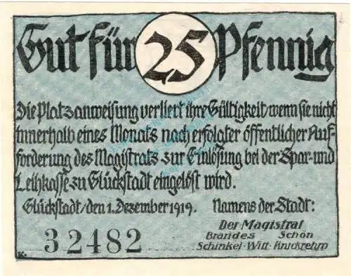 Glückstadt , Notgeld 50 Pfennig Schein unc-kfr. Ti.2285.10.05 Schleswig Holstein 1919 Verkehrsausgabe