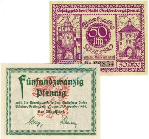 Greifenberg , Notgeld Set mit 2 Scheinen unc-kfr. Ti.2435.05.15-16 Pommern 1919 Verkehrsausgabe