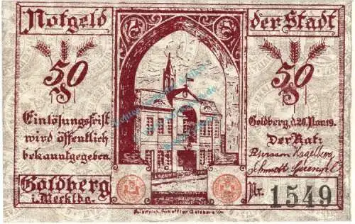 Goldberg , Notgeld 50 Pfennig Schein unc-kfr. Ti.2335.05.06 , Mecklenburg 1919 Verkehrsausgabe