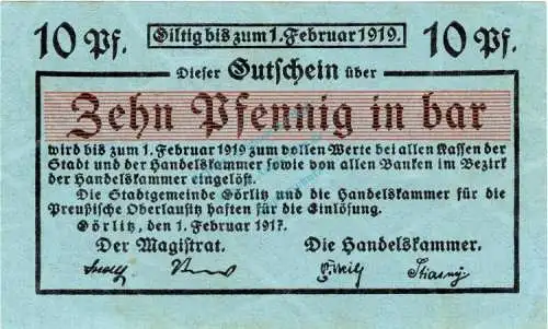 Görlitz , Notgeld 10 Pfennig Schein unc-kfr. Ti.2310.15.05 , Schlesien 1917 Verkehrsausgabe