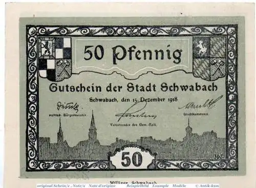 Schwabach , Notgeld 50 Pfennig Schein unc-kfr. Ti.6715.10.70 , Bayern 1918 Verkehrsausgabe