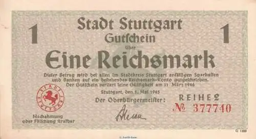 Notgeld Stadt Stuttgart , 1 Reichsmark Schein in kfr. von 1945 , Württemberg Notgeld 1945-48