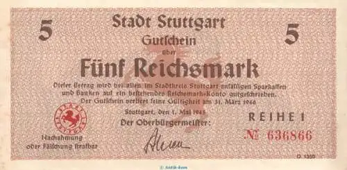 Notgeld Stadt Stuttgart , 5 Reichsmark Schein in kfr. von 1945 , Württemberg Notgeld 1945-48