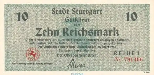 Notgeld Stadt Stuttgart , 10 Reichsmark Schein in kfr. von 1945 , Württemberg Notgeld 1945-48