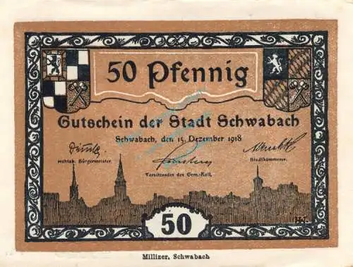 Schwabach , Notgeld 50 Pfennig Schein unc-kfr. Ti.6715.10.60 , Bayern 1918 Verkehrsausgabe