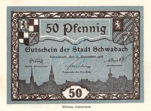 Schwabach , Notgeld 50 Pfennig Schein unc-kfr. Ti.6715.10.75 , Bayern 1918 Verkehrsausgabe