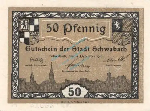 Schwabach , Notgeld 50 Pfennig Schein unc-kfr. Ti.6715.10.20 , Bayern 1918 Verkehrsausgabe