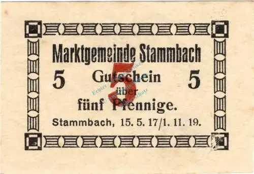 Stammbach , Notgeld 5 Pfennig Schein unc-kfr. Ti.7070.05.70 Bayern 1917 Verkehrsausgabe