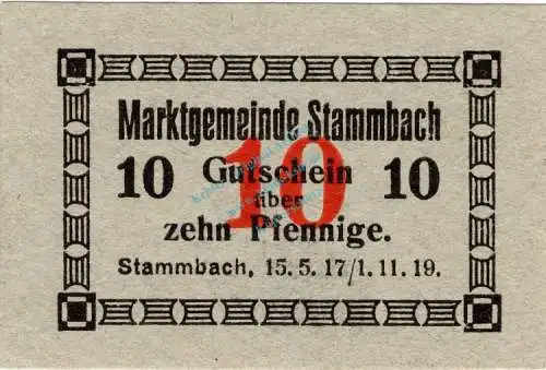 Stammbach , Notgeld 10 Pfennig Schein unc-kfr. Ti.7070.05.71 Bayern 1917 Verkehrsausgabe