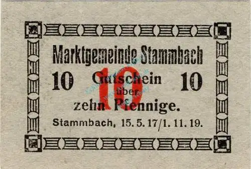 Stammbach , Notgeld 10 Pfennig Schein unc-kfr. Ti.7070.05.51 Bayern 1917 Verkehrsausgabe