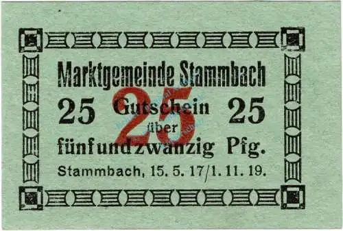 Stammbach , Notgeld 25 Pfennig Schein unc-kfr. Ti.7070.05.73 Bayern 1917 Verkehrsausgabe