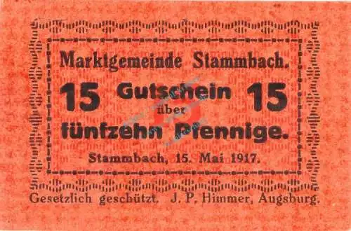 Stammbach , Notgeld 15 Pfennig Schein unc-kfr. Ti.7070.05.42 Bayern 1917 Verkehrsausgabe