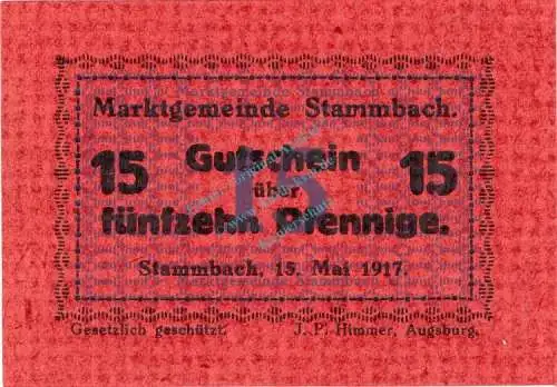 Stammbach , Notgeld 15 Pfennig Schein unc-kfr. Ti.7070.05.11 Bayern 1917 Verkehrsausgabe