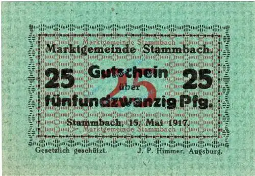 Stammbach , Notgeld 15 Pfennig Schein unc-kfr. Ti.7070.05.11 Bayern 1917 Verkehrsausgabe