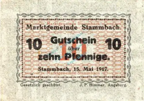 Stammbach , Notgeld 10 Pfennig Schein unc-kfr. Ti.7070.05.20 Bayern 1917 Verkehrsausgabe