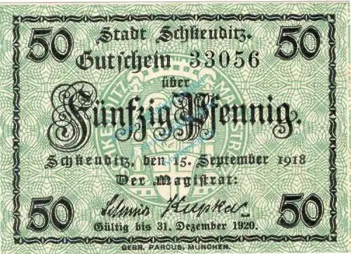 Schkeuditz , Notgeld 50 Pfennig Schein unc-kfr. Ti.6525.05.07 , Sachsen 1918 Verkehrsausgabe