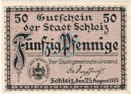 Schleiz , Notgeld 50 Pfennig -Kirche- unc-kfr. Ti.6550.05.17 , Thüringen 1919 Verkehrsausgabe