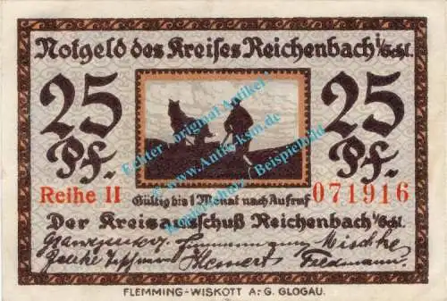 Reichenbach , Notgeld 25 Pfennig Schein in kfr. Tieste 5980.10.15 , Schlesien o.D. Verkehrsausgabe