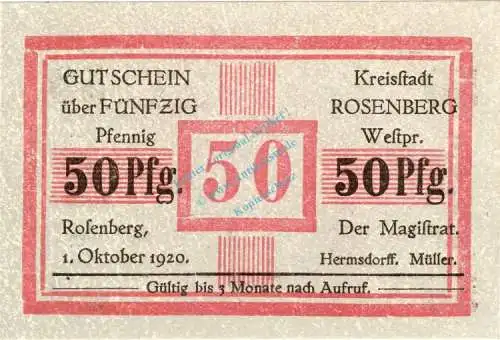 Rosenberg , Notgeld 50 Pfennig Schein unc-kfr. Ti.6185.05.16 Westpreussen 1920 Verkehrsausgabe