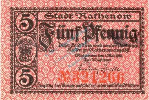 Rathenow , Notgeld 5 Pfennig -WZ- unc-kfr. Ti.5915.10.15 Brandenburg 1917 Verkehrsausgabe