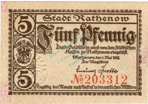 Rathenow , Notgeld 5 Pfennig -Fehldruck- unc-kfr. Ti.5915.10... Brandenburg 1917 Verkehrsausgabe