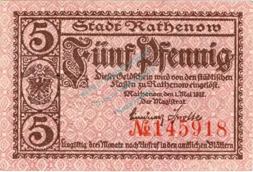 Rathenow , Notgeld 5 Pfennig Schein unc-kfr. Ti.5915.10.01 Brandenburg 1917 Verkehrsausgabe