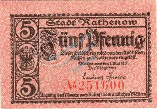 Rathenow , Notgeld 5 Pfennig Schein unc-kfr. Ti.5915.10.10 Brandenburg 1917 Verkehrsausgabe