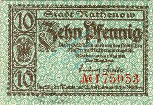 Rathenow , Notgeld 10 Pfennig Schein unc-kfr. Ti.5915.10.02 Brandenburg 1917 Verkehrsausgabe