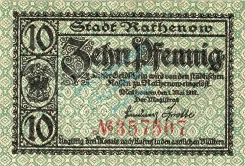 Rathenow , Notgeld 10 Pfennig Schein unc-kfr. Ti.5915.10.11 Brandenburg 1917 Verkehrsausgabe